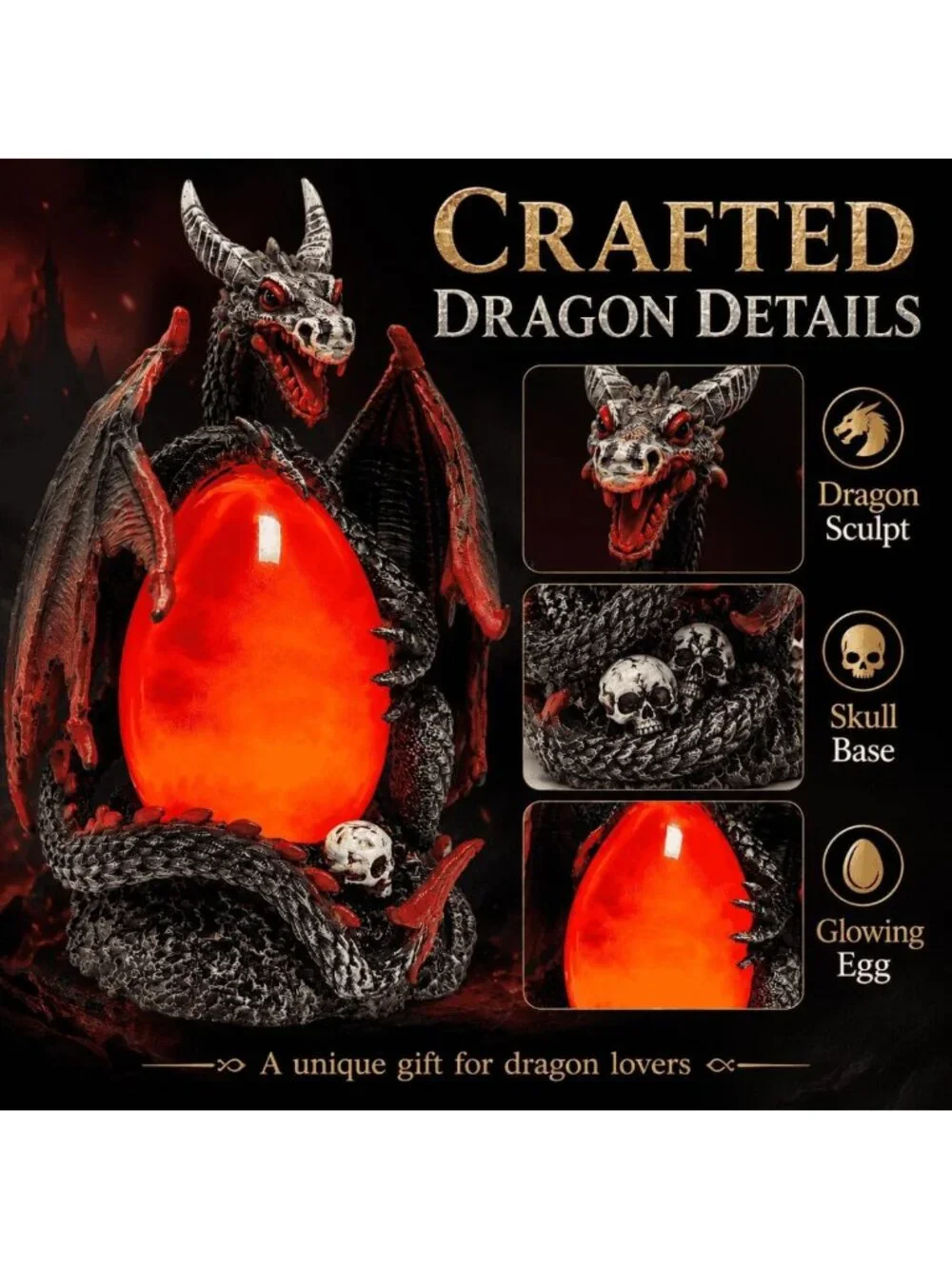 Illuminated Dragon Snow Globe with Rotating Mist, Skull Base & Timer - Unique